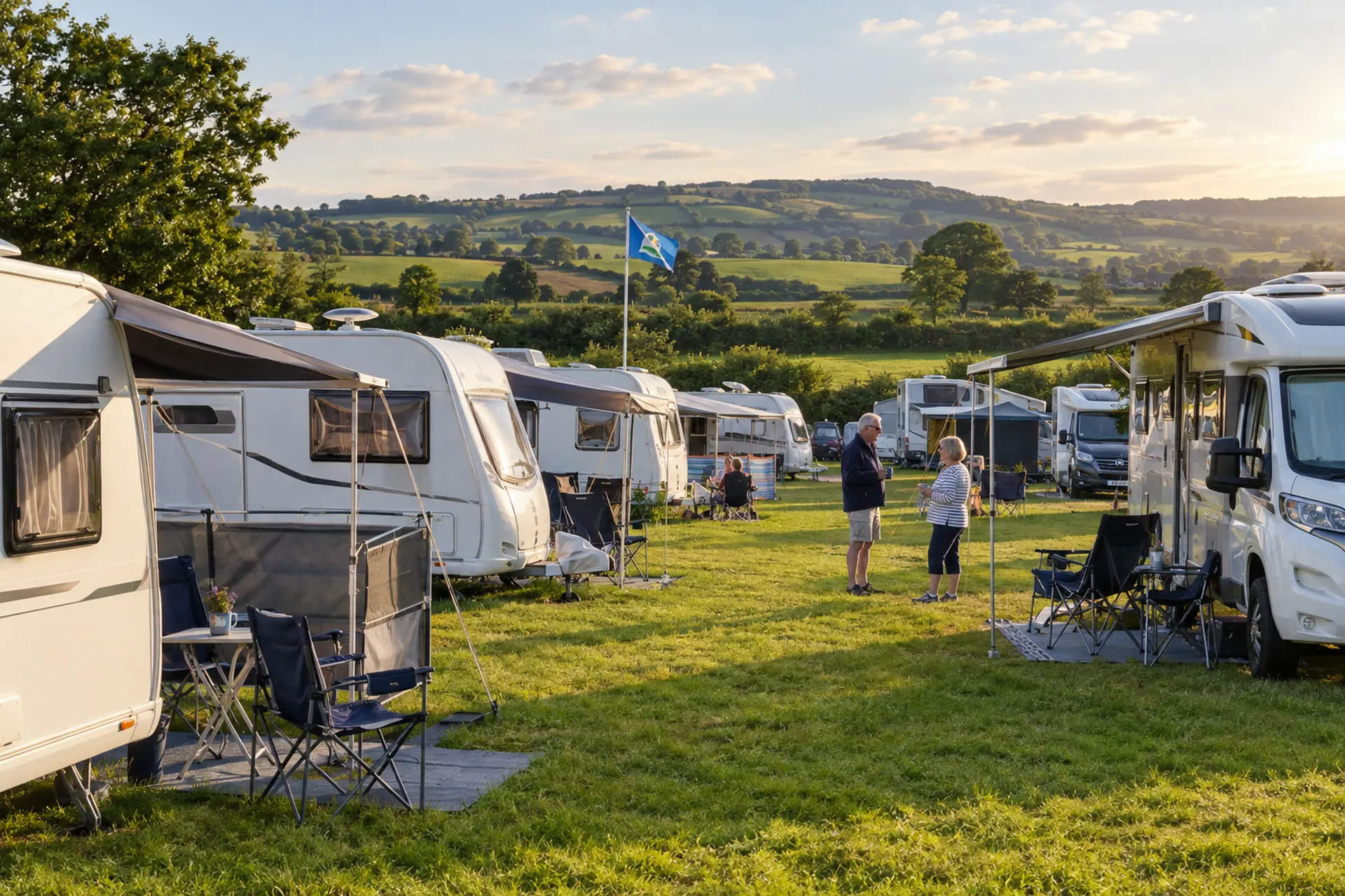 Caravans and motorhomes with awnings pitched in rows on a grassy field at a club rally, with a club flag and rolling hills behind